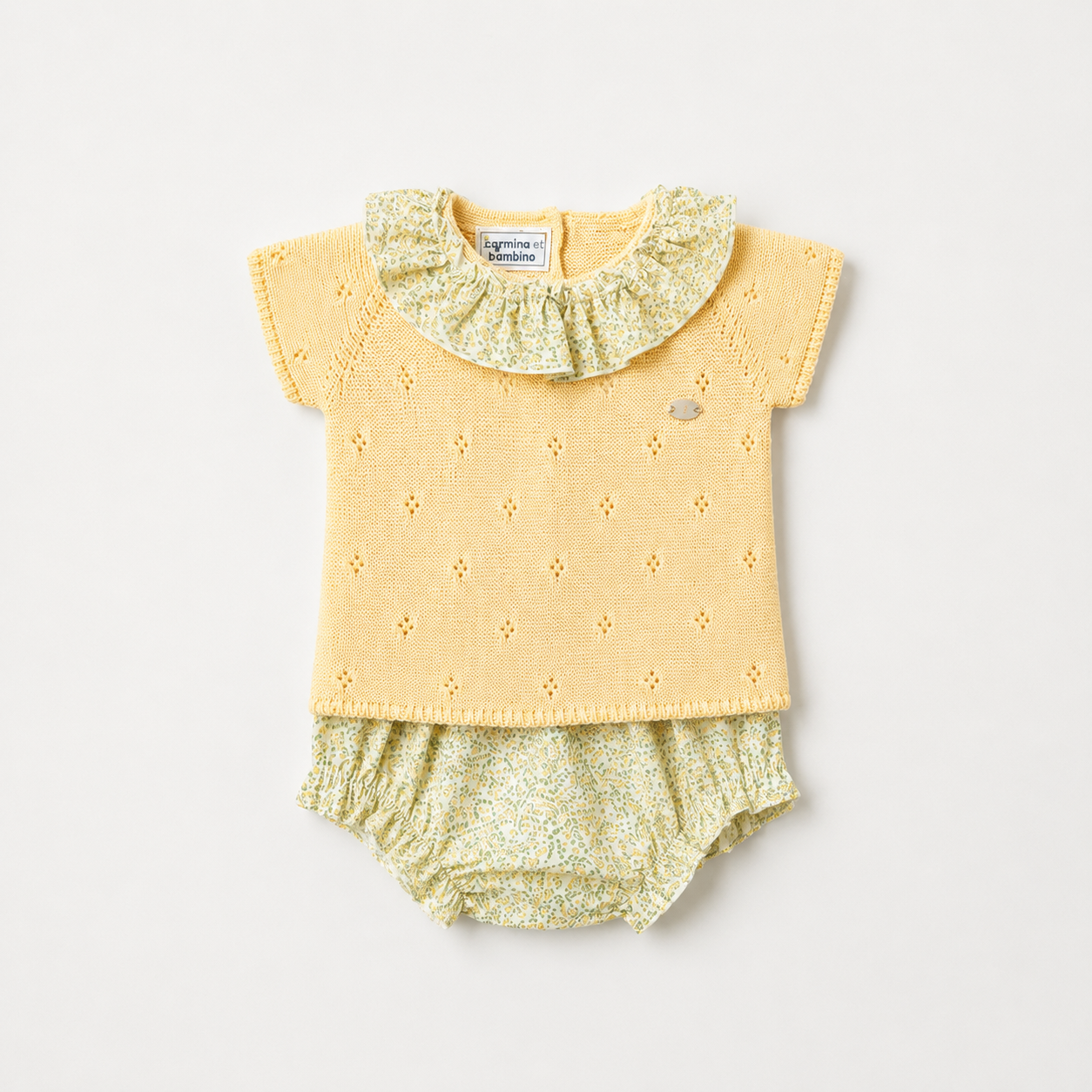 Yellow knit top and floral bloomer set