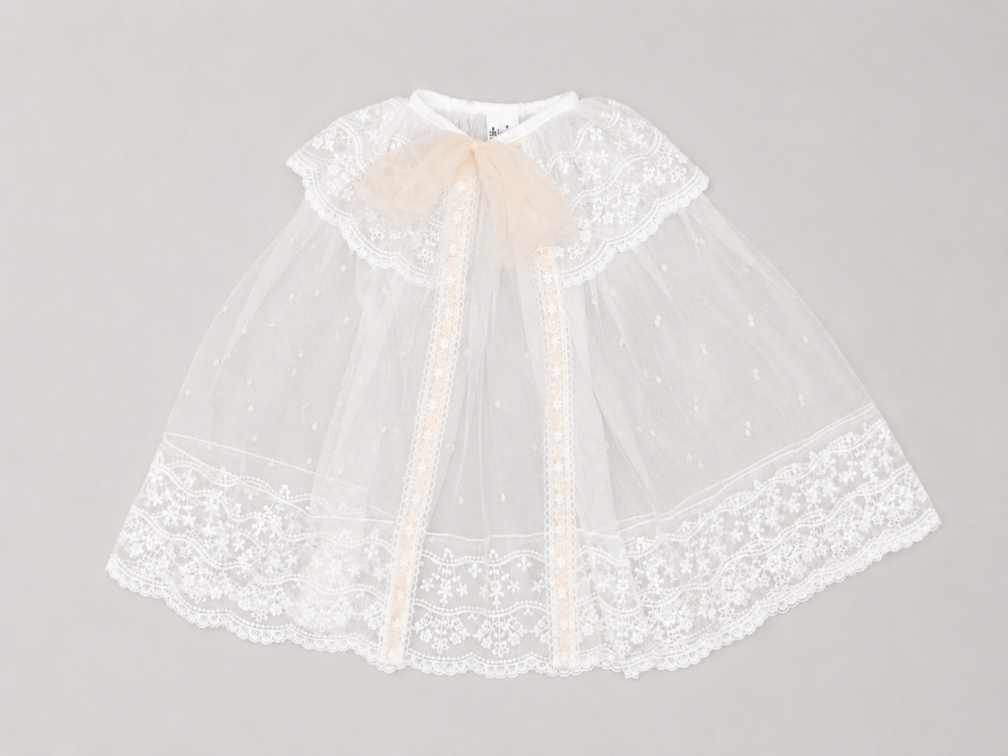 Catherine Sheer Lace Baptismal Cape with Sheer Ribbon Tie