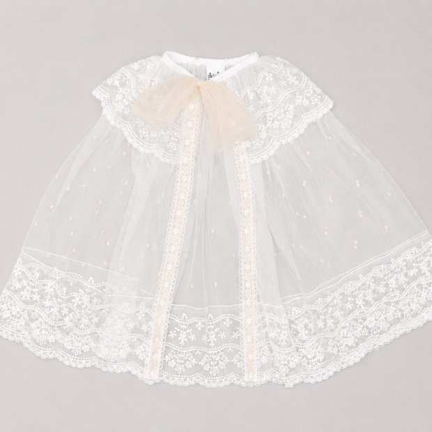 Catherine Sheer Lace Baptismal Cape with Sheer Ribbon Tie