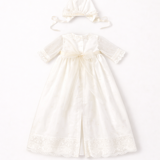 Catherine 2 Piece Baptismal Gown - Satin Ribbon & Bonnet