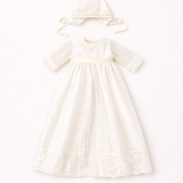 Catherine 2 Piece Baptismal Gown - Satin Ribbon & Bonnet