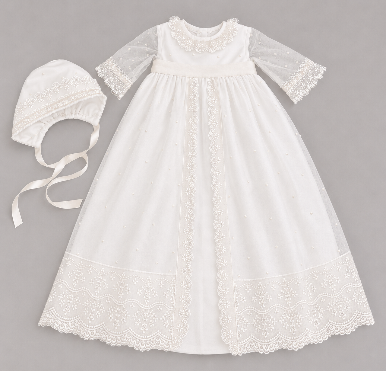 Catherine 2 Piece Baptismal Gown - Satin Ribbon & Bonnet