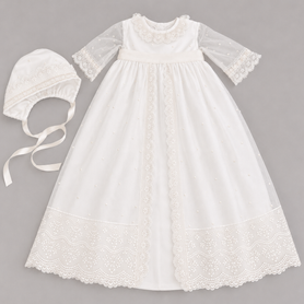 Catherine 2 Piece Baptismal Gown - Satin Ribbon & Bonnet