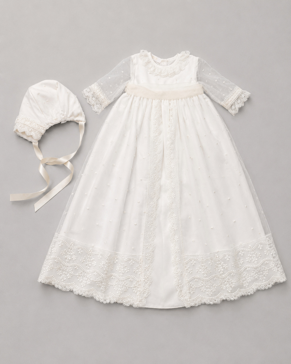 Catherine Baptismal Set – Embroidered Gown, Lace Bonnet & Burp Towel