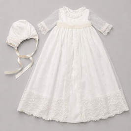Catherine 2 Piece Baptismal Gown - Satin Ribbon & Bonnet