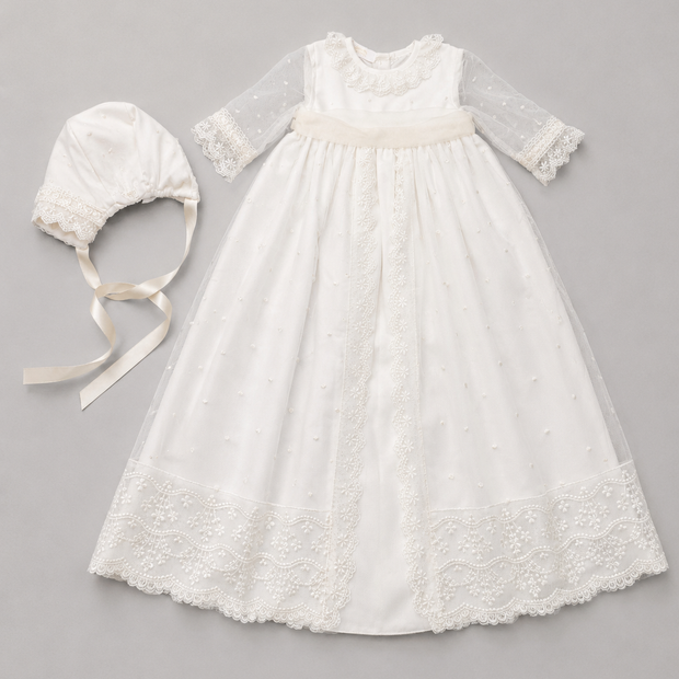 Catherine Baptismal Set – Embroidered Gown, Lace Bonnet & Burp Towel