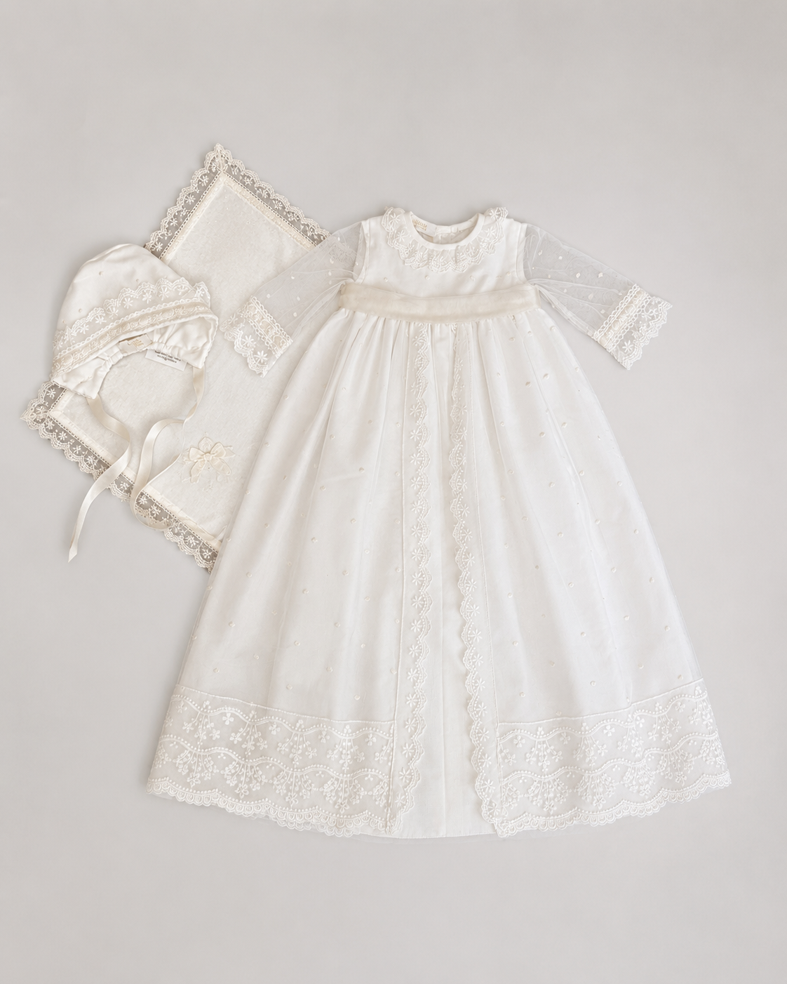 Catherine Baptismal Set – Embroidered Gown, Lace Bonnet & Burp Towel