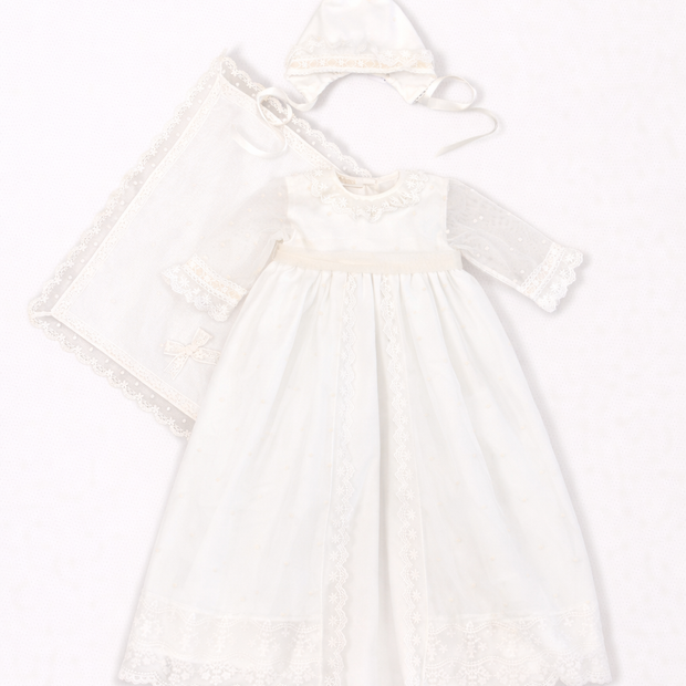 Catherine Baptismal Set – Embroidered Gown, Lace Bonnet & Burp Towel