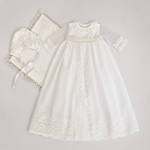 Catherine Baptismal Set – Embroidered Gown, Lace Bonnet & Burp Towel