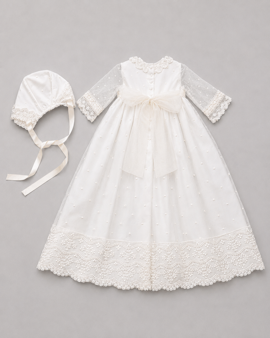 Catherine 2 Piece Baptismal Gown - Satin Ribbon & Bonnet
