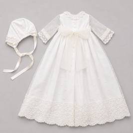 Catherine 2 Piece Baptismal Gown - Satin Ribbon & Bonnet