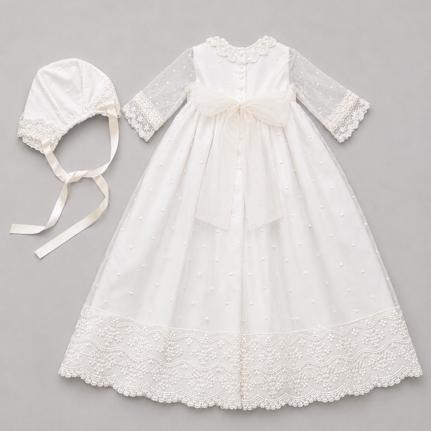 Catherine 2 Piece Baptismal Gown - Satin Ribbon & Bonnet