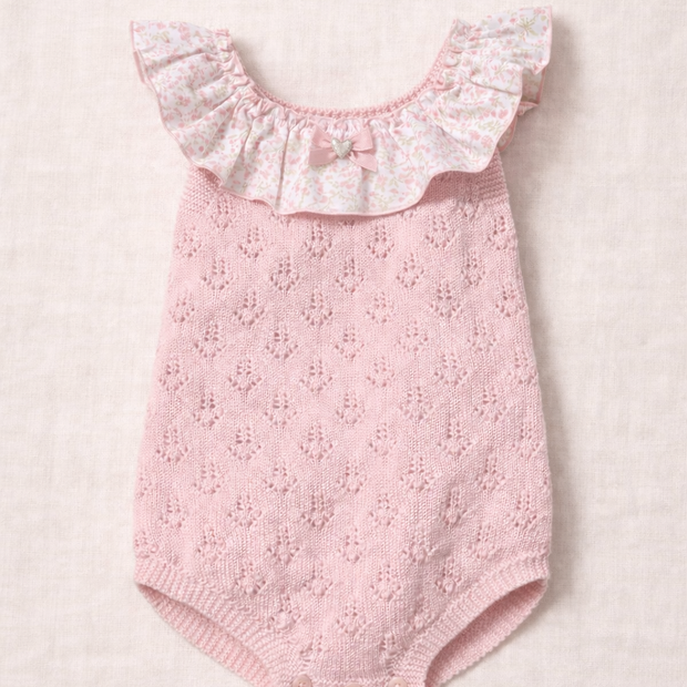 Blush Romper with Floral Ruffle Collar