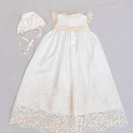 Diana Baptismal Set - Gown with Lace, Matching Bonnet & Burp Towel