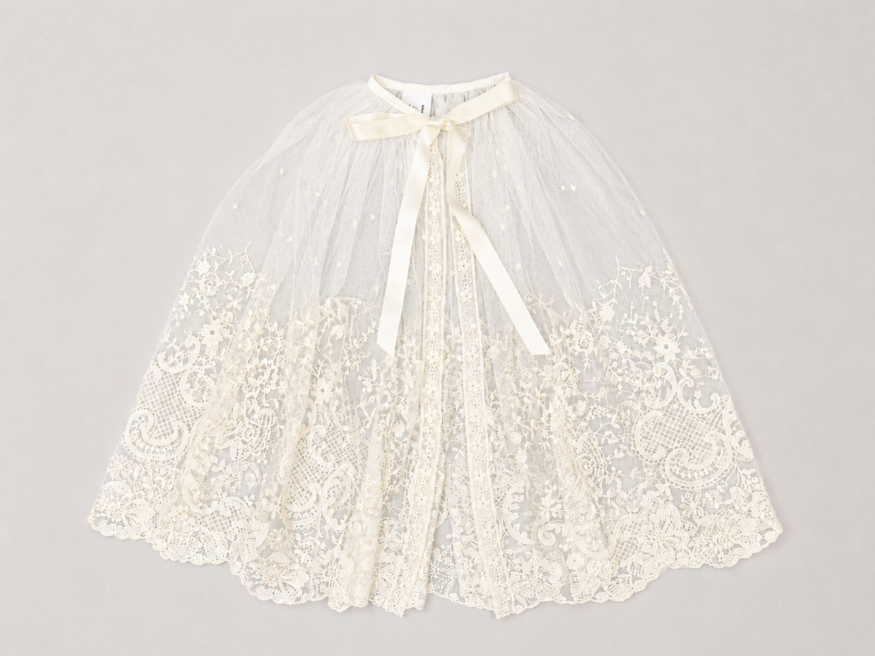 Diana Sheer Lace Baptismal Cape -Satin Ribbon Tie