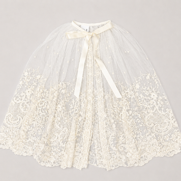 Diana Sheer Lace Baptismal Cape -Satin Ribbon Tie