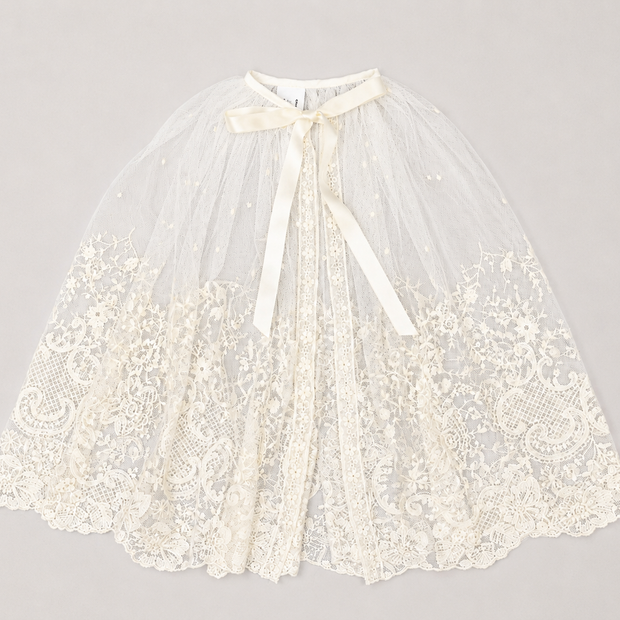 Diana Sheer Lace Baptismal Cape -Satin Ribbon Tie