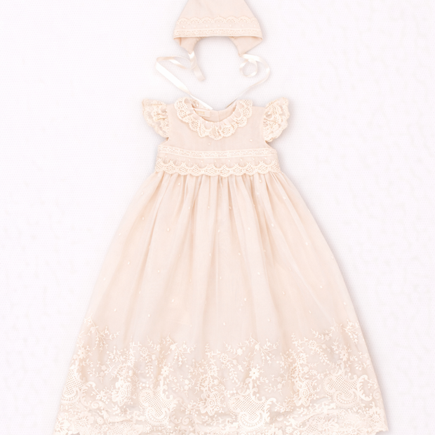 Diana Baptismal Set - Gown with Lace, Matching Bonnet & Burp Towel