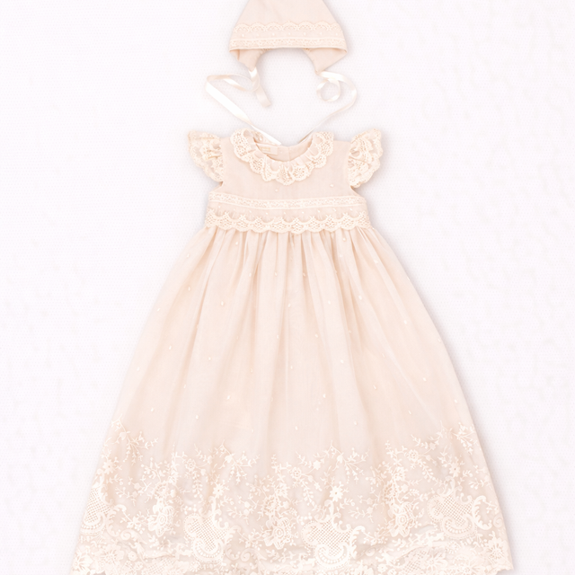 Diana Baptismal Set - Gown with Lace, Matching Bonnet & Burp Towel