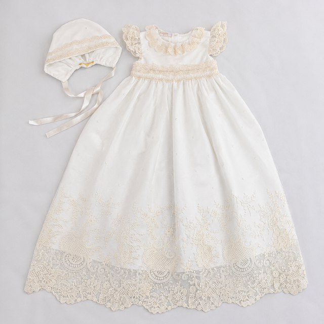 Diana Baptismal Set - Gown with Lace, Matching Bonnet & Burp Towel