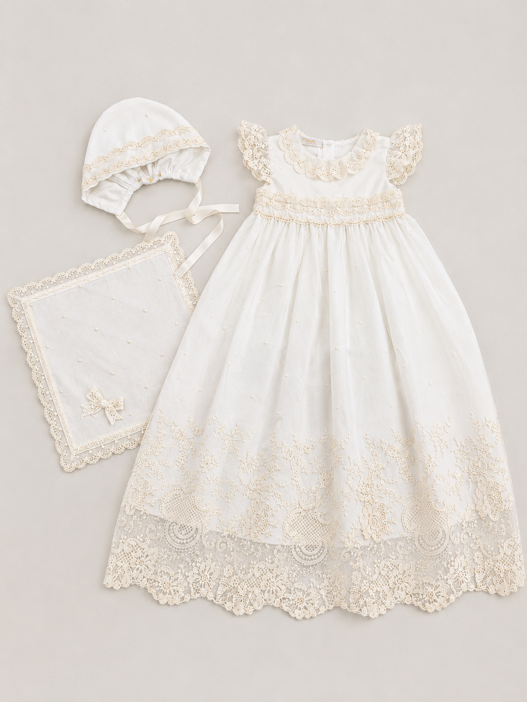 Diana Baptismal Set - Gown with Lace, Matching Bonnet & Burp Towel