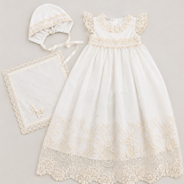 Diana Baptismal Set - Gown with Lace, Matching Bonnet & Burp Towel