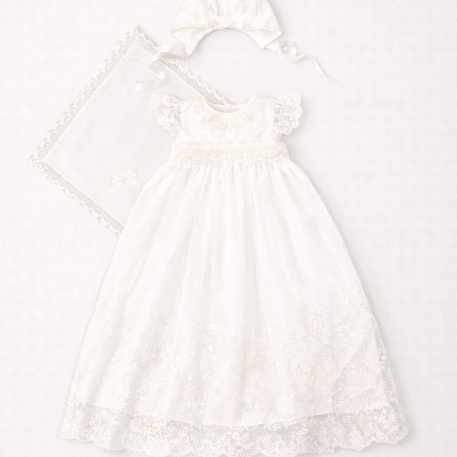 Diana Baptismal Set - Gown with Lace, Matching Bonnet & Burp Towel