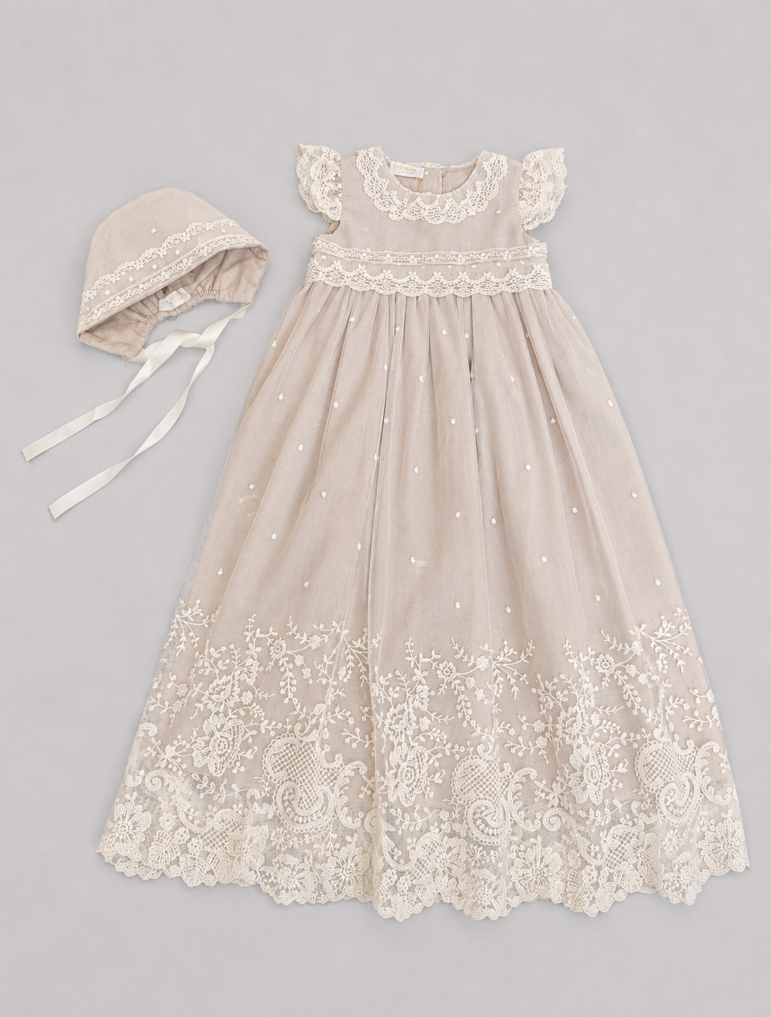 Diana Baptismal Set - Gown with Lace, Matching Bonnet & Burp Towel
