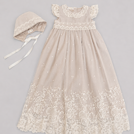 Diana Baptismal Set - Gown with Lace, Matching Bonnet & Burp Towel