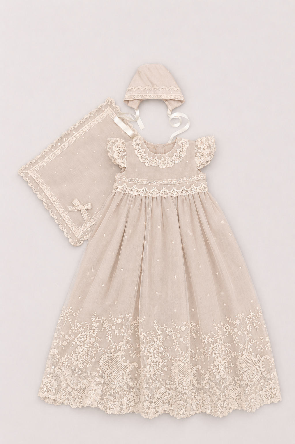 Diana Baptismal Set - Gown with Lace, Matching Bonnet & Burp Towel