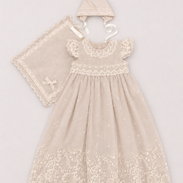 Diana Baptismal Set - Gown with Lace, Matching Bonnet & Burp Towel