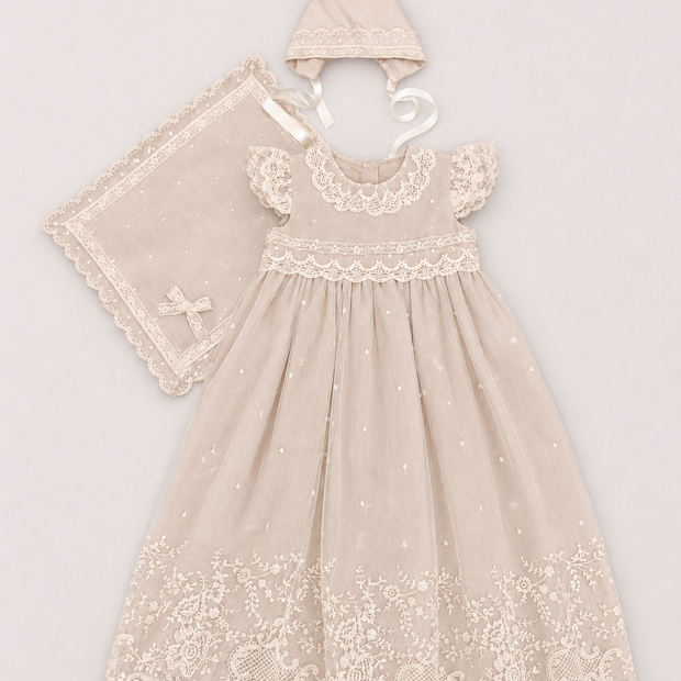Diana Baptismal Set - Gown with Lace, Matching Bonnet & Burp Towel