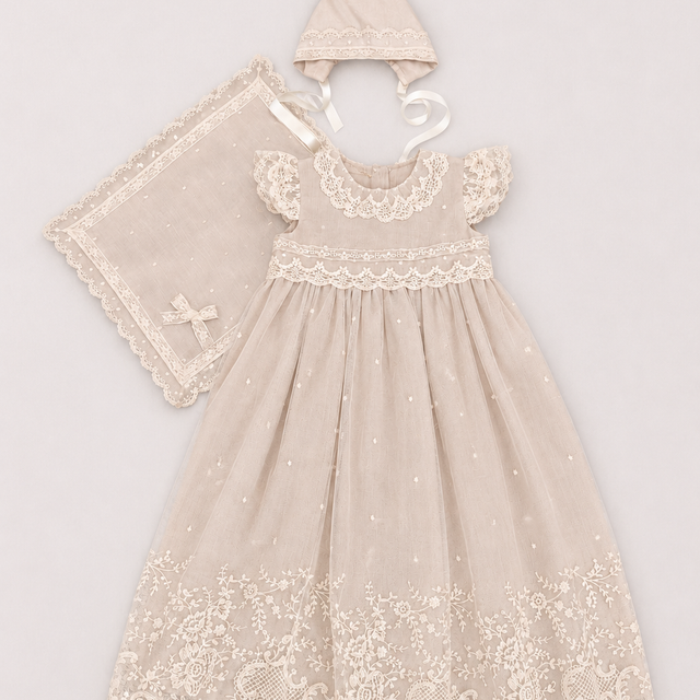 Diana Baptismal Set - Gown with Lace, Matching Bonnet & Burp Towel