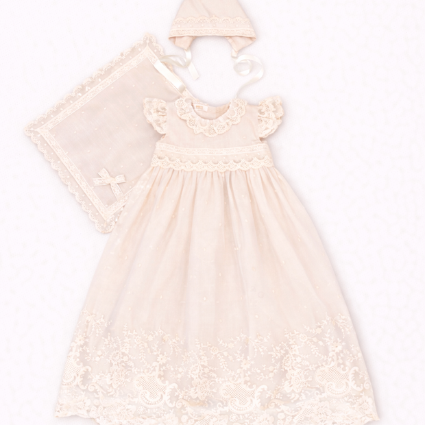 Diana Baptismal Set - Gown with Lace, Matching Bonnet & Burp Towel