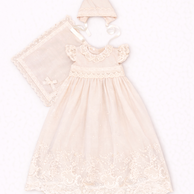 Diana Baptismal Set - Gown with Lace, Matching Bonnet & Burp Towel
