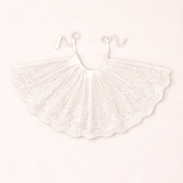 Diana Sheer Lace Baptismal Cape -Satin Ribbon Tie