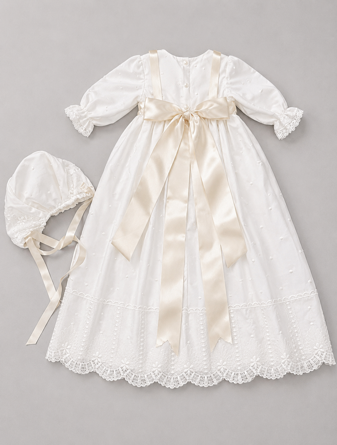 Leonor 2 Piece Baptismal Gown - Satin Ribbon, Lace Trim, Bonnet