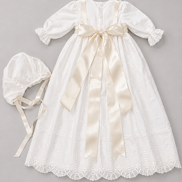 Leonor Baptismal Set - Gown with Satin Ribbon/Lace Trim, Bonnet, Blanket & Candle