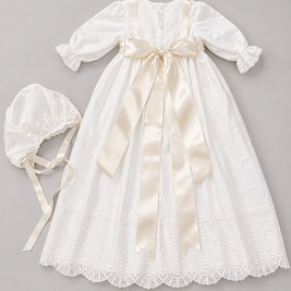 Leonor 2 Piece Baptismal Gown - Satin Ribbon, Lace Trim, Bonnet