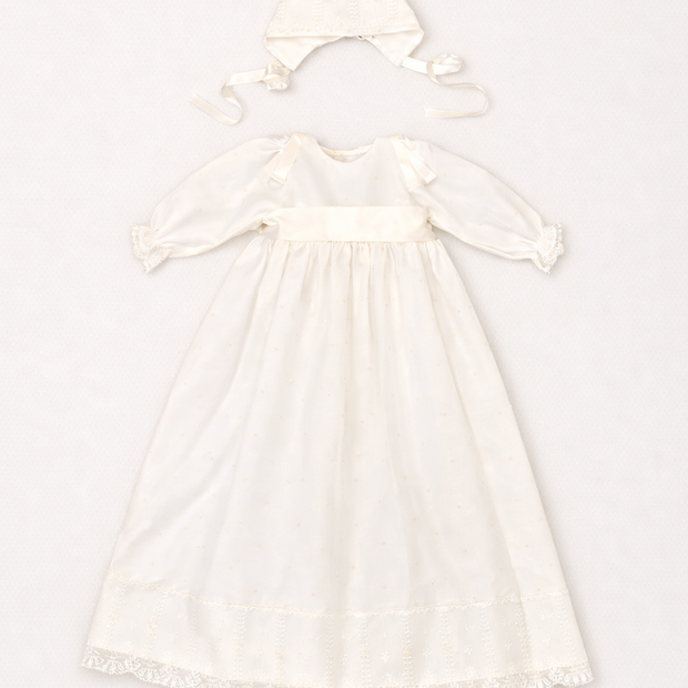 Leonor 2 Piece Baptismal Gown - Satin Ribbon, Lace Trim, Bonnet