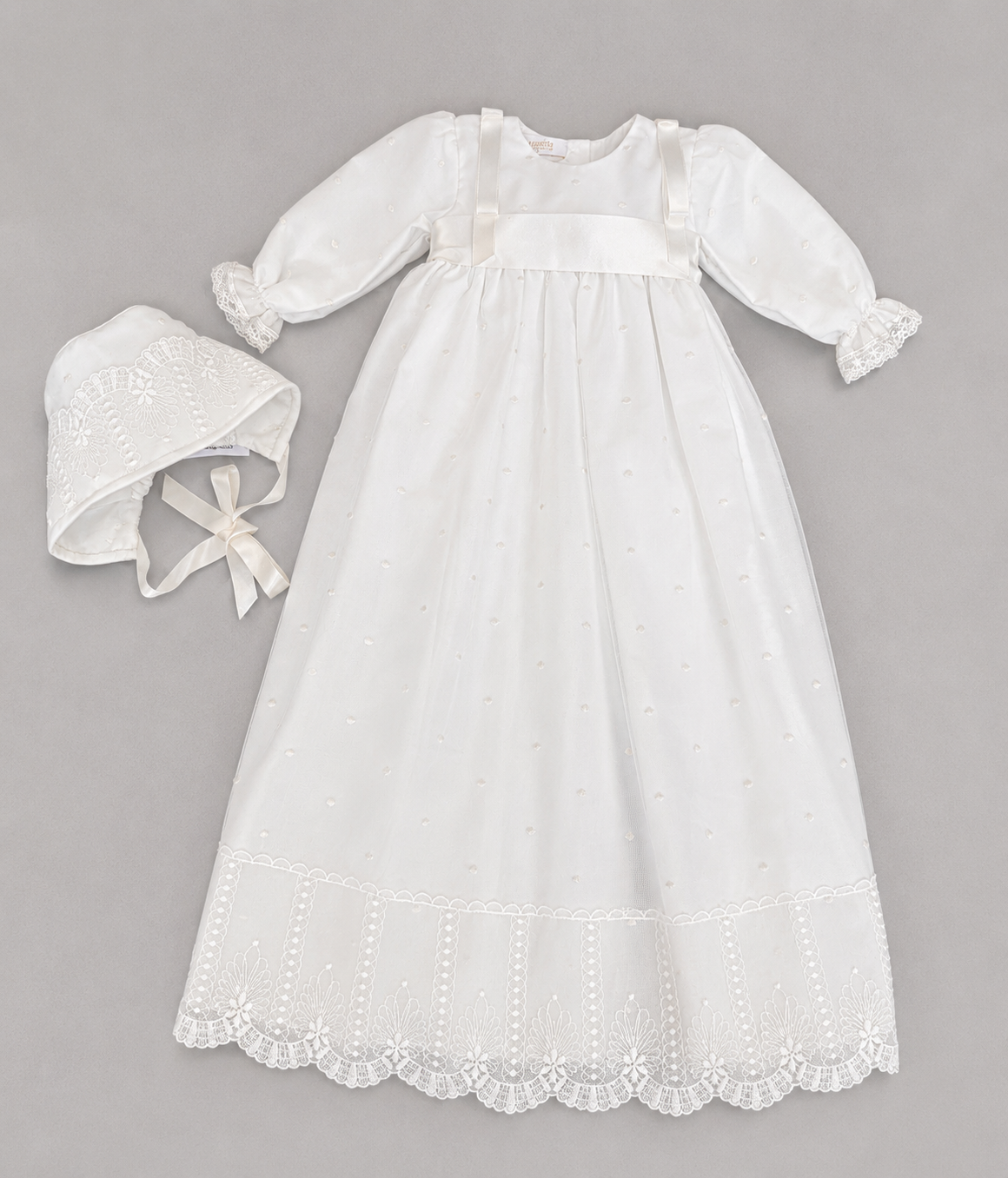 Leonor 2 Piece Baptismal Gown - Satin Ribbon, Lace Trim, Bonnet
