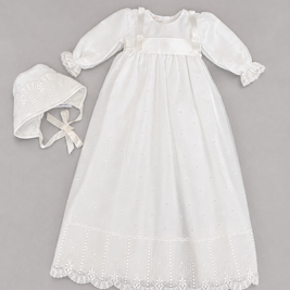 Leonor 2 Piece Baptismal Gown - Satin Ribbon, Lace Trim, Bonnet