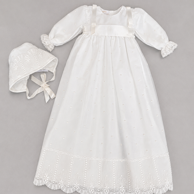 Leonor 2 Piece Baptismal Gown - Satin Ribbon, Lace Trim, Bonnet