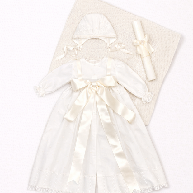 Leonor Baptismal Set - Gown with Satin Ribbon/Lace Trim, Bonnet, Blanket & Candle