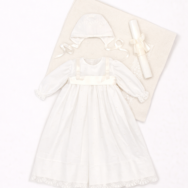 Leonor Baptismal Set - Gown with Satin Ribbon/Lace Trim, Bonnet, Blanket & Candle
