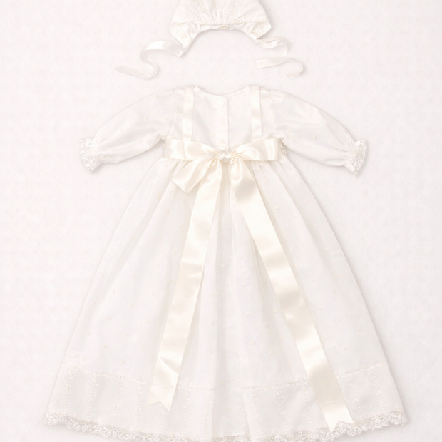 Leonor 2 Piece Baptismal Gown - Satin Ribbon, Lace Trim, Bonnet