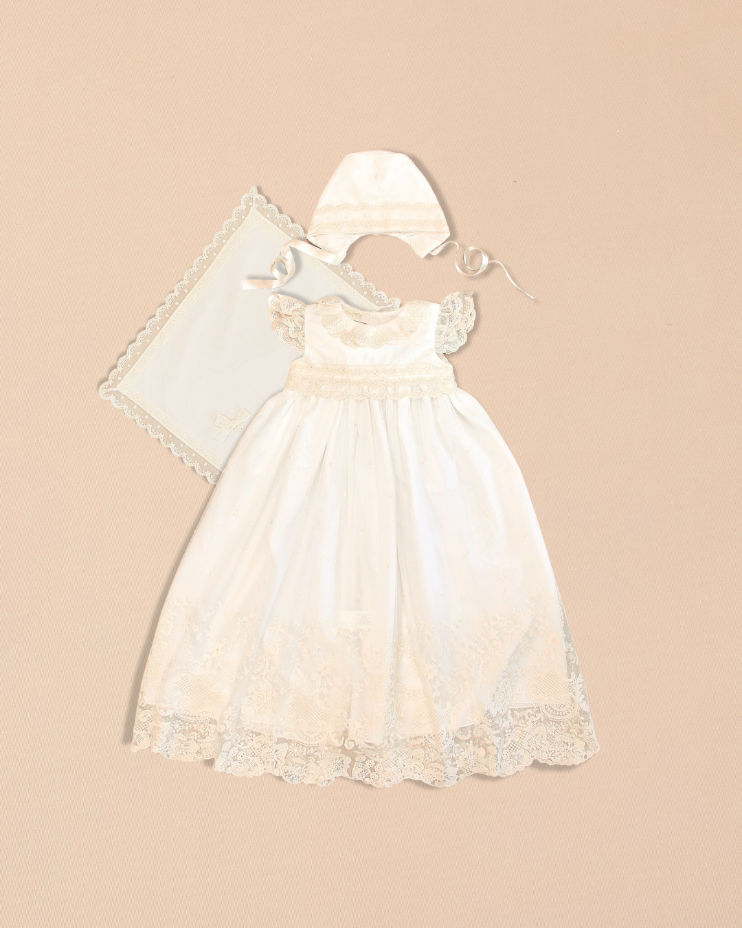 Diana Baptismal Set - Gown with Lace, Matching Bonnet & Burp Towel