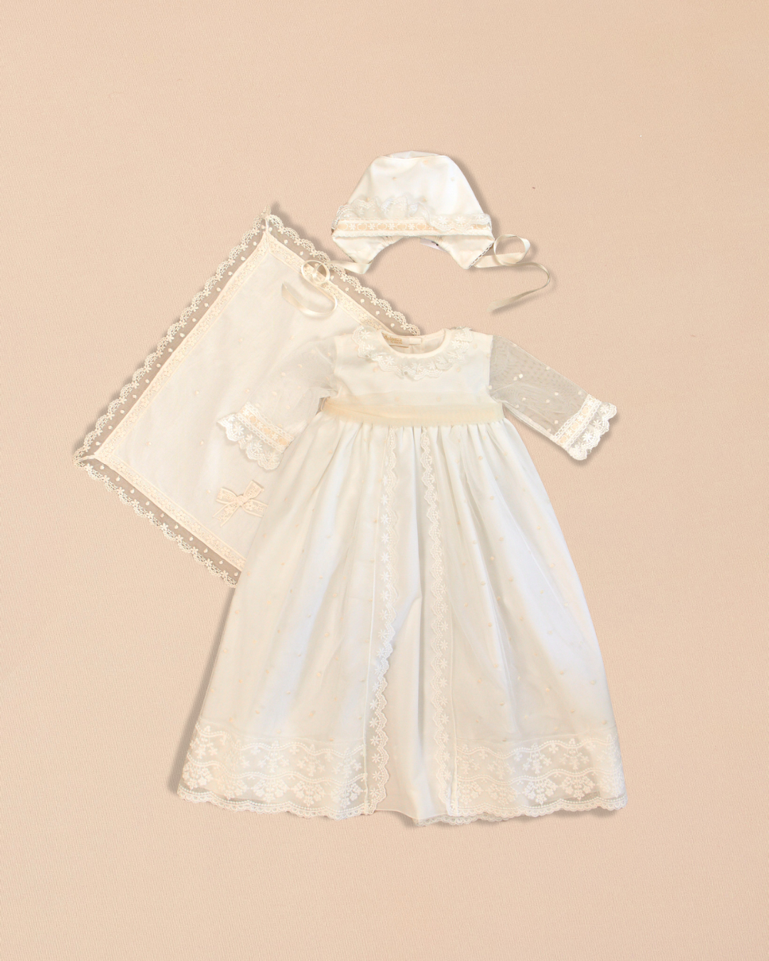 Catherine Baptismal Set – Embroidered Gown, Lace Bonnet & Burp Towel