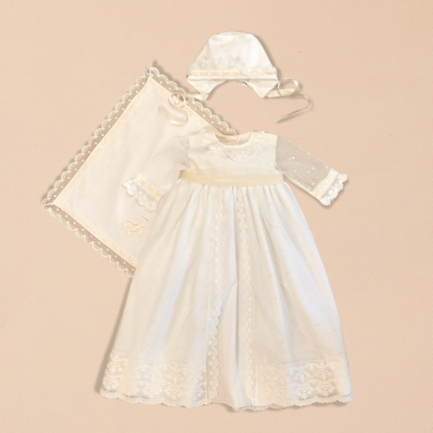 Catherine Baptismal Set – Embroidered Gown, Lace Bonnet & Burp Towel