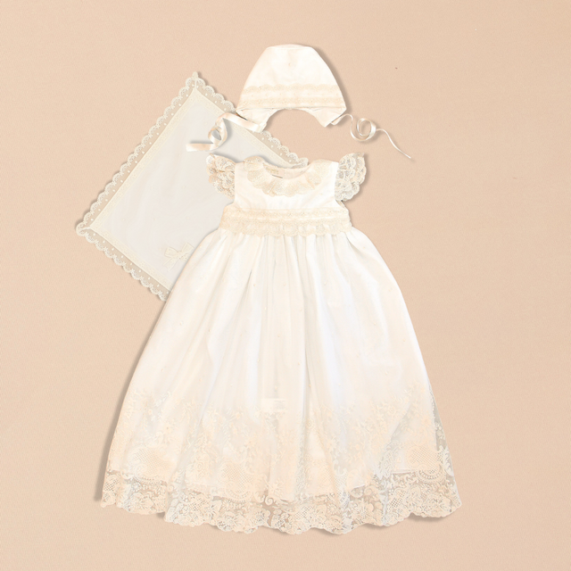 Diana Baptismal Set - Gown with Lace, Matching Bonnet & Burp Towel